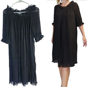 Couture Couture Crinkle 100% Silk Chiffon Shift Black Dress Sz 8 Ruffled Italy